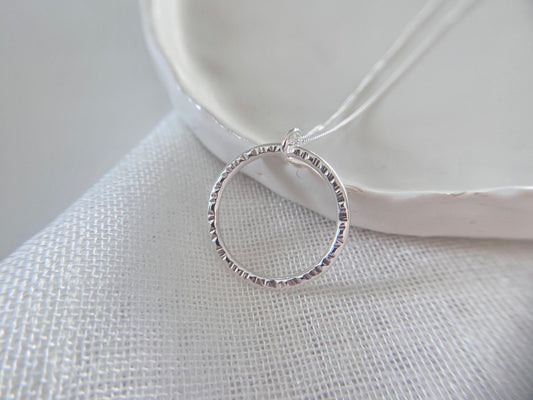 Silver Circle Pendant Necklace with Line Texture