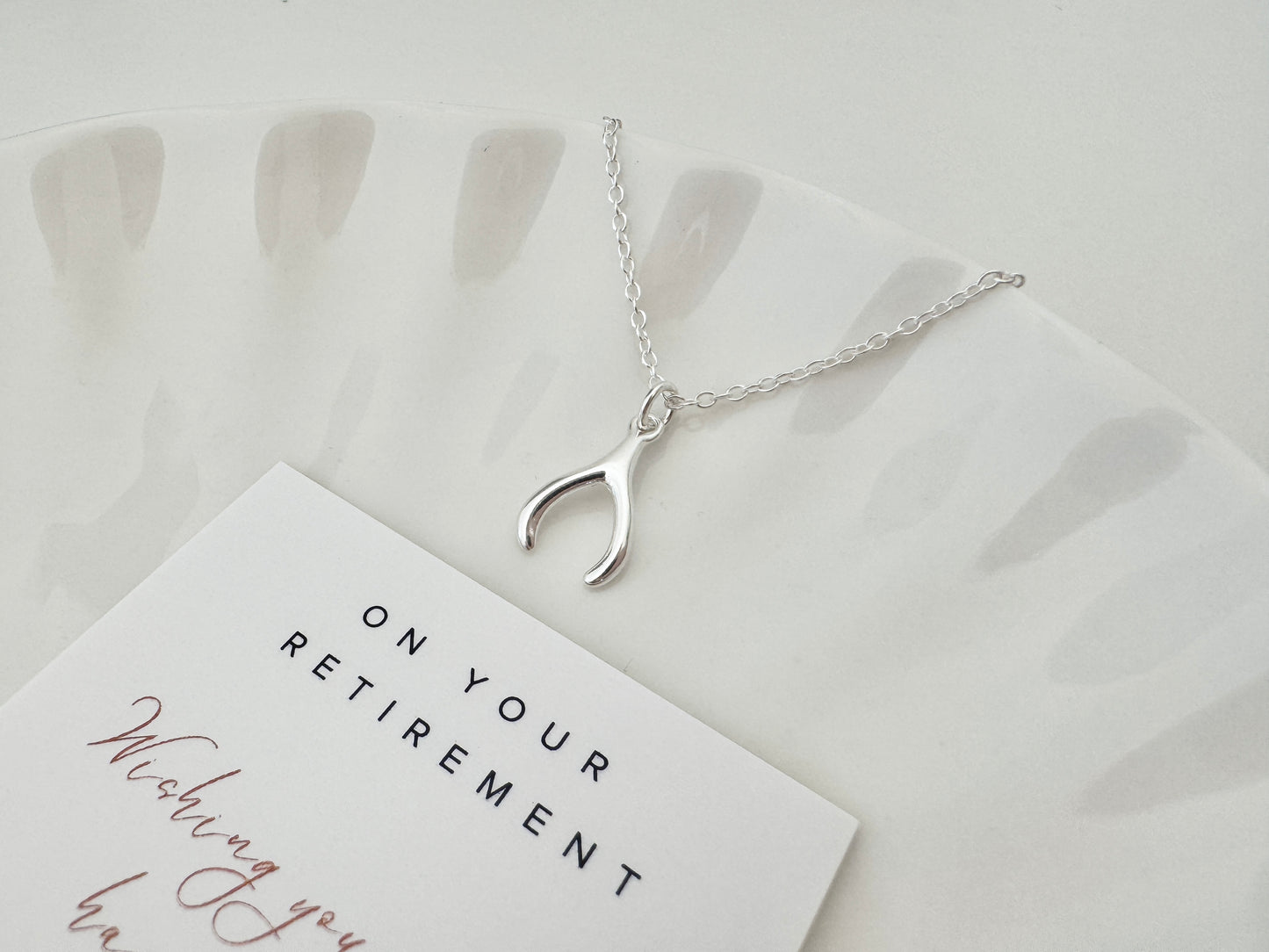 Silver Retirement Necklace, Sterling Silver Wishbone Pendant