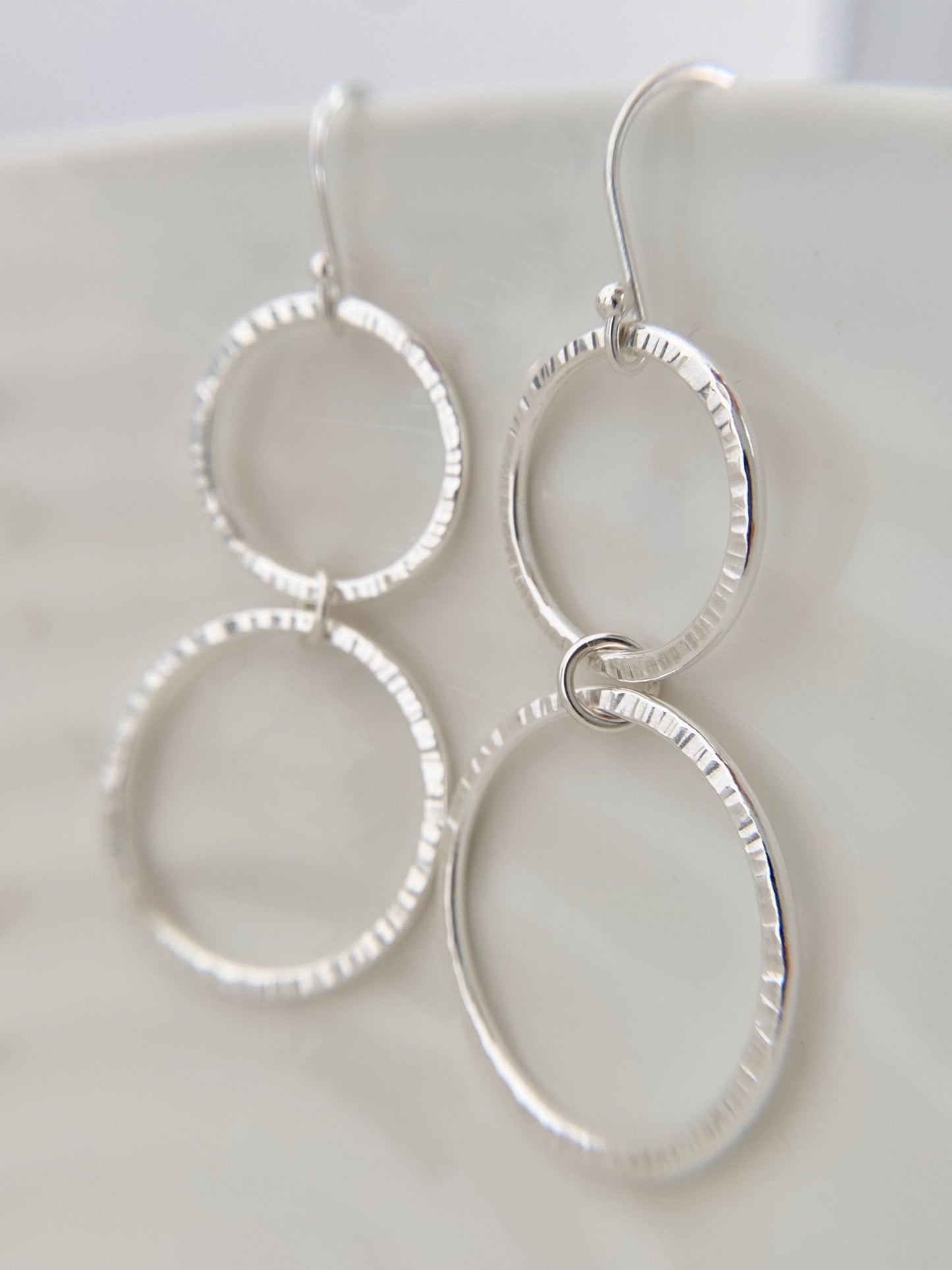 Sterling Silver Double Hoop Line Texture Earrings