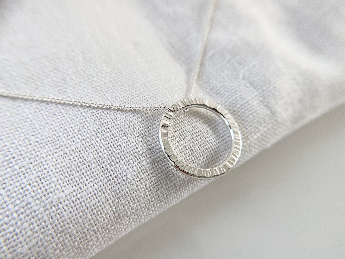 Silver Circle Layering Necklace with Line Texture