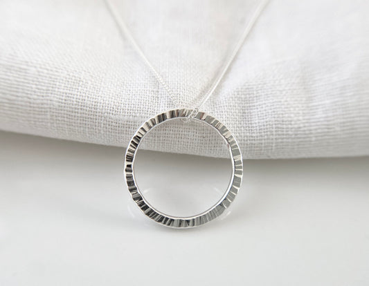 Sterling Silver Line Texture Circle Necklace