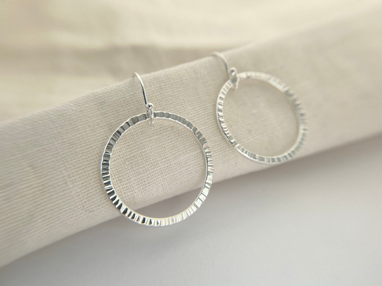 Silver Hoop Earrings with Line Texture (L)