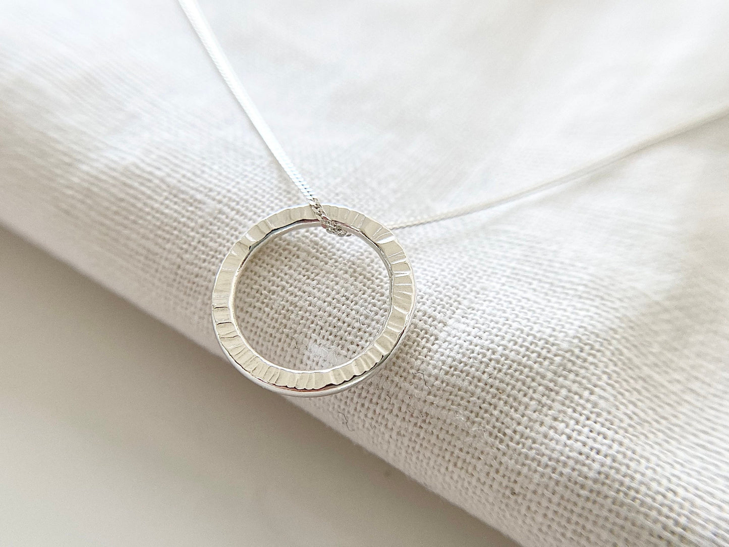 Silver Circle Layering Necklace with Line Texture