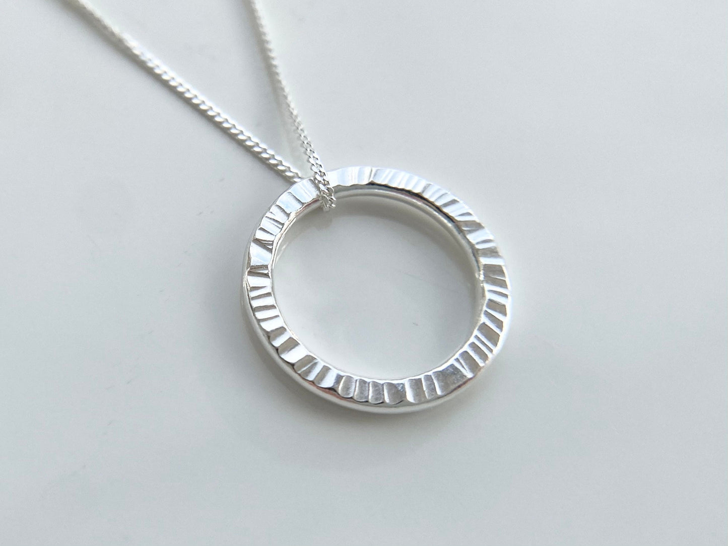 Silver Circle Layering Necklace with Line Texture