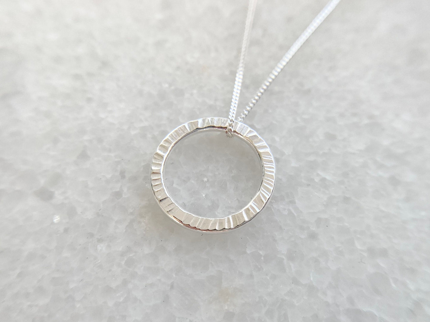 Silver Circle Layering Necklace with Line Texture