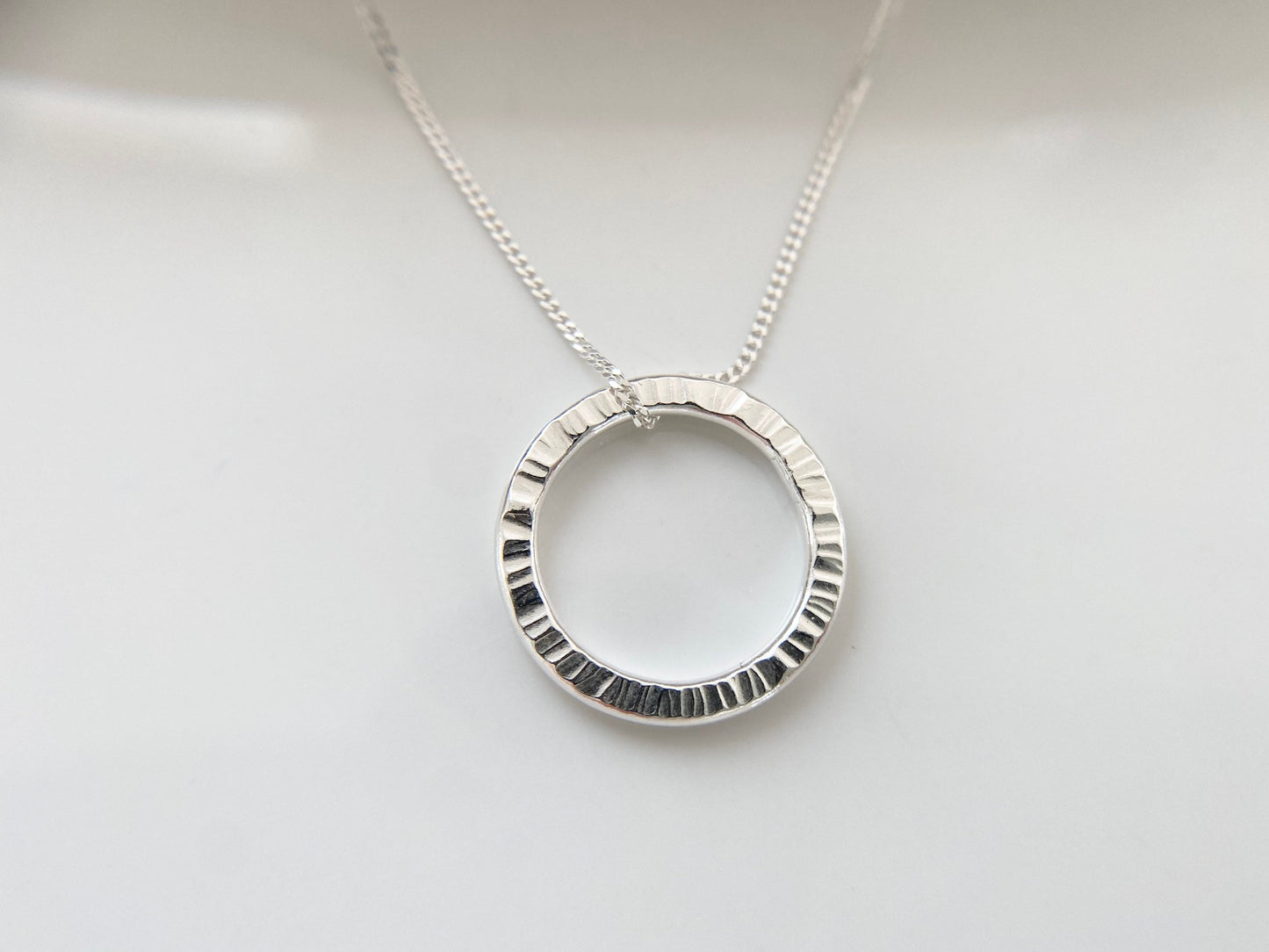 Silver Circle Layering Necklace with Line Texture