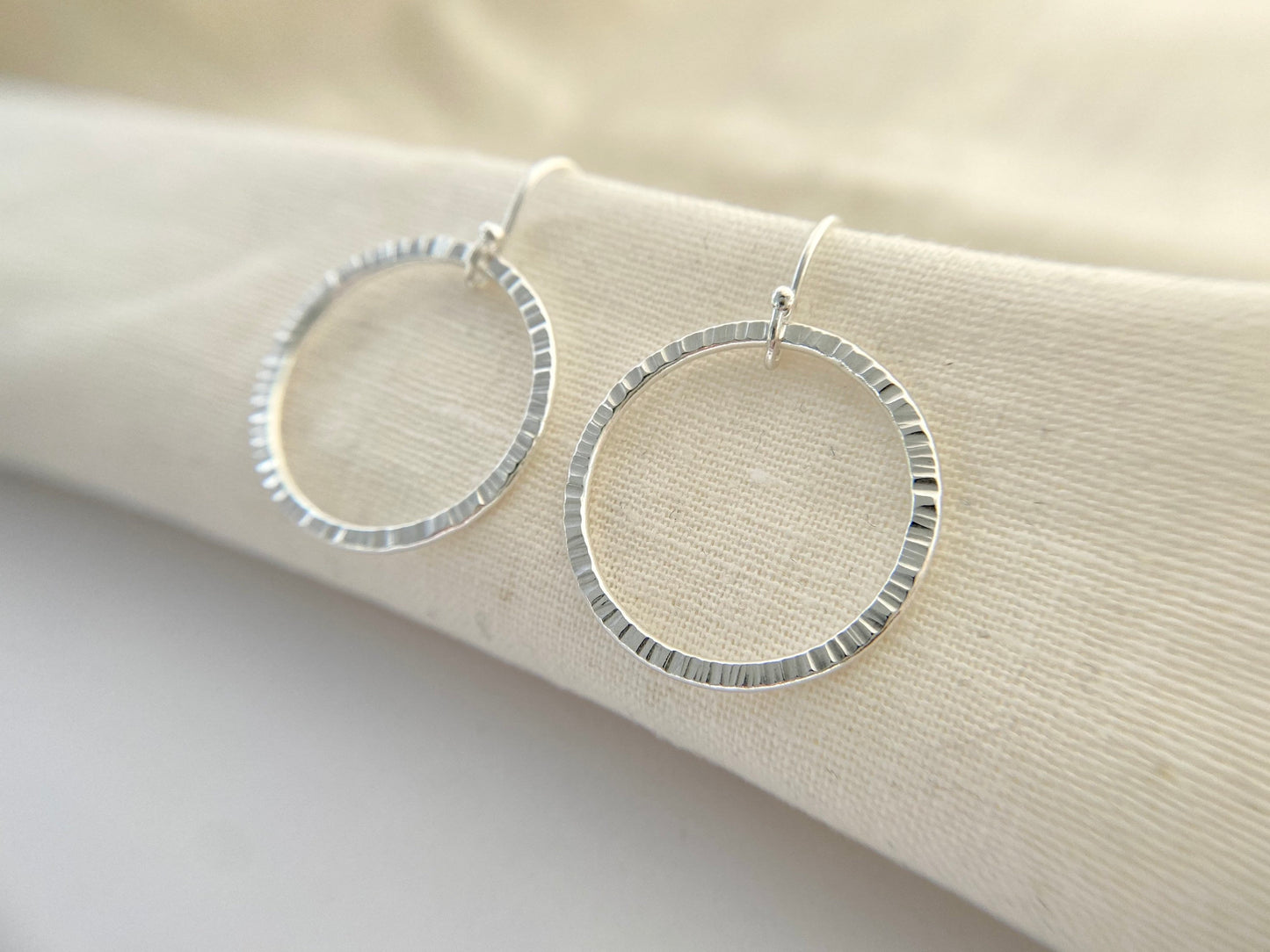 Silver Hoop Earrings with Line Texture (L)