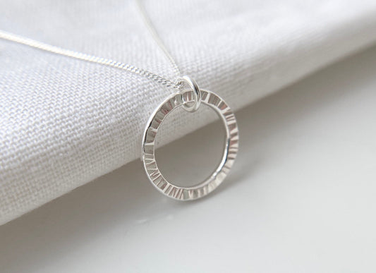 Sterling Silver Textured Circle Pendant Necklace