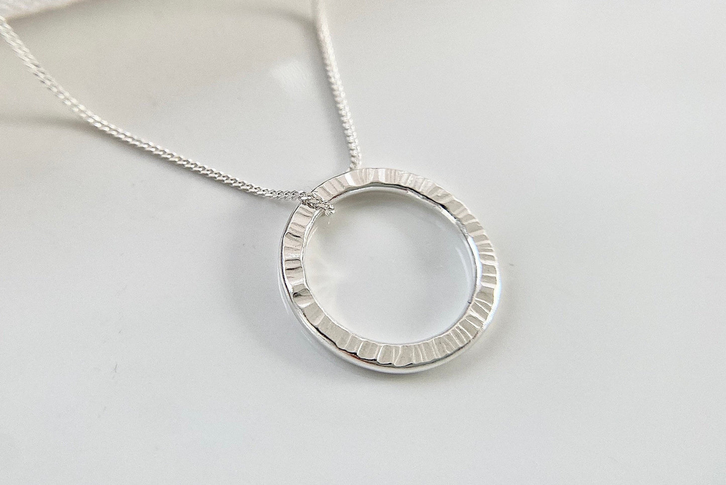 Silver Circle Layering Necklace with Line Texture