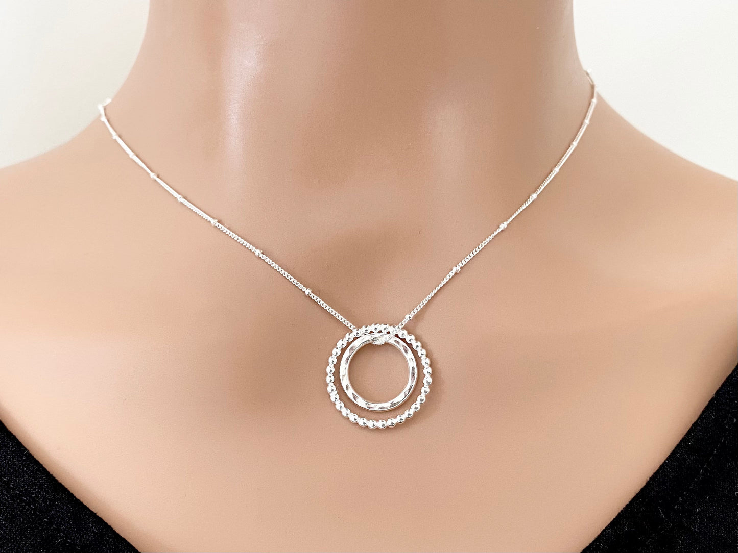 Sterling Silver Two Circles Necklace on Satellite Chain