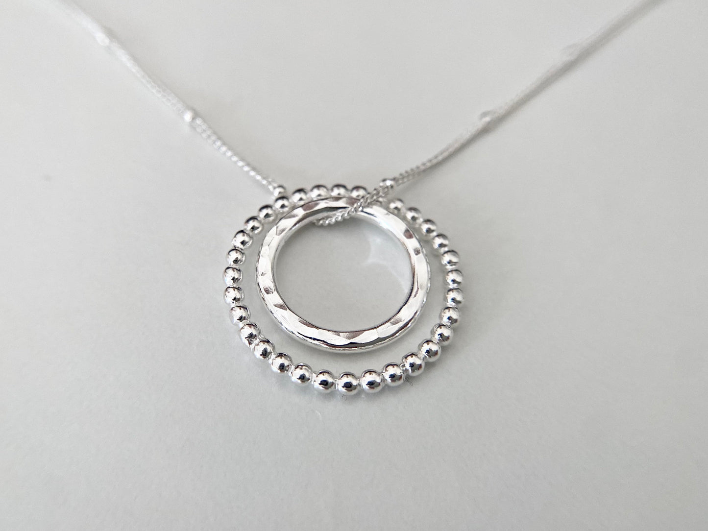 Sterling Silver Two Circles Necklace on Satellite Chain