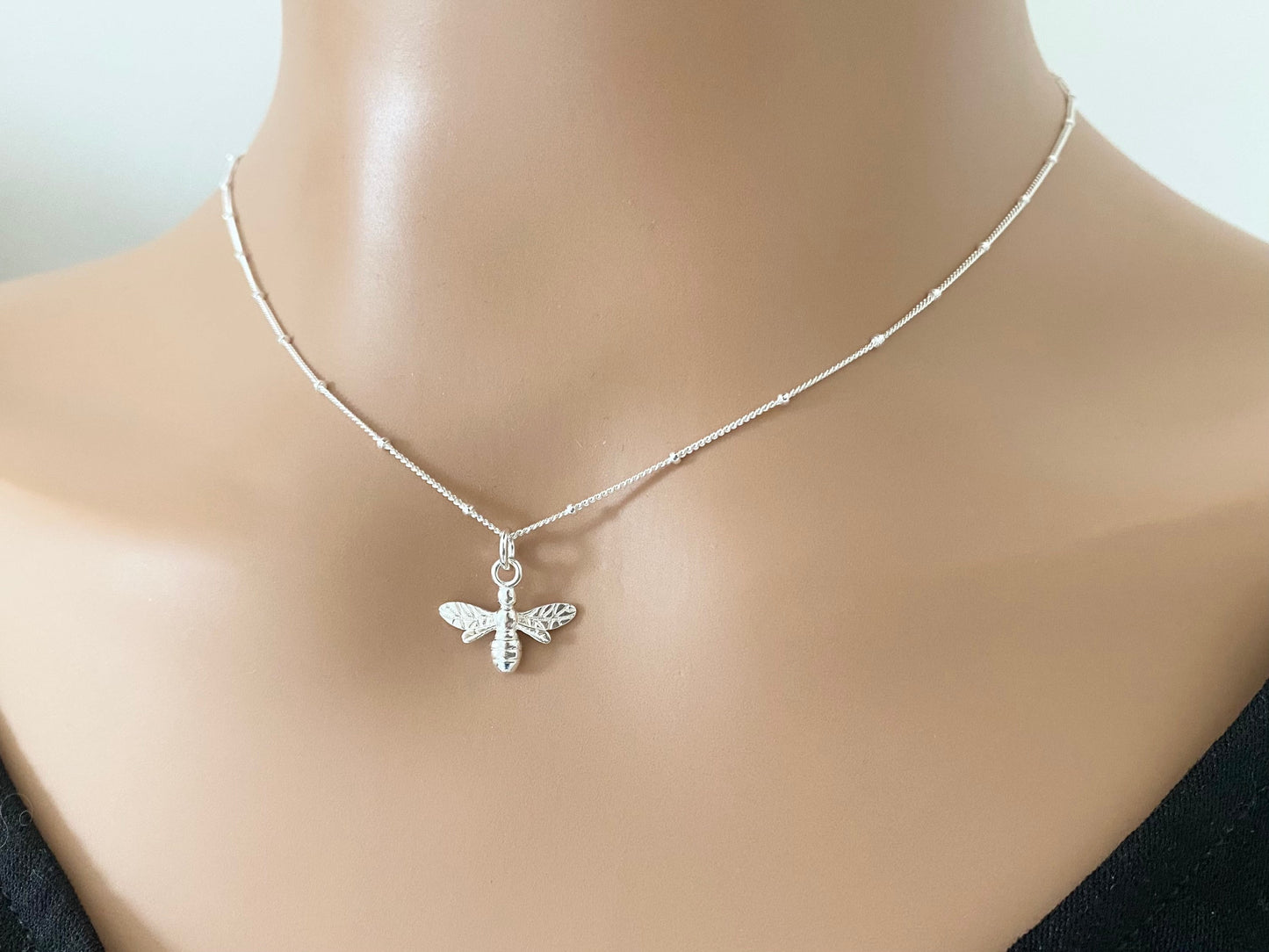 Sterling Silver Bee Necklace on a Satellite Chain