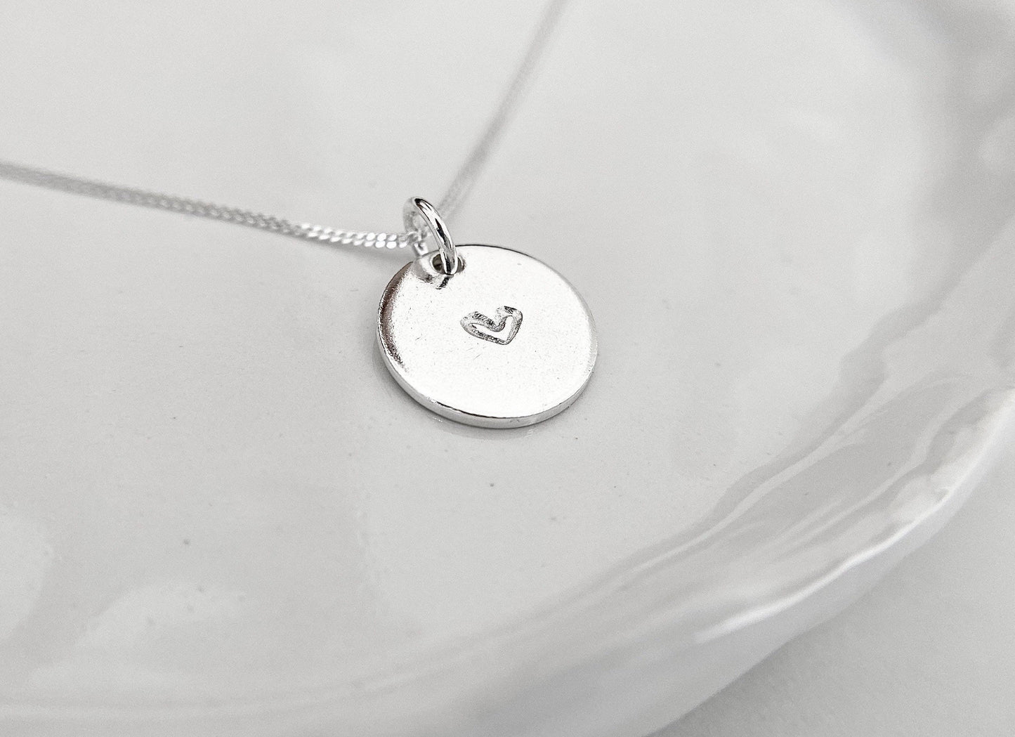 Sterling Silver Heart Stamped Disc Necklace