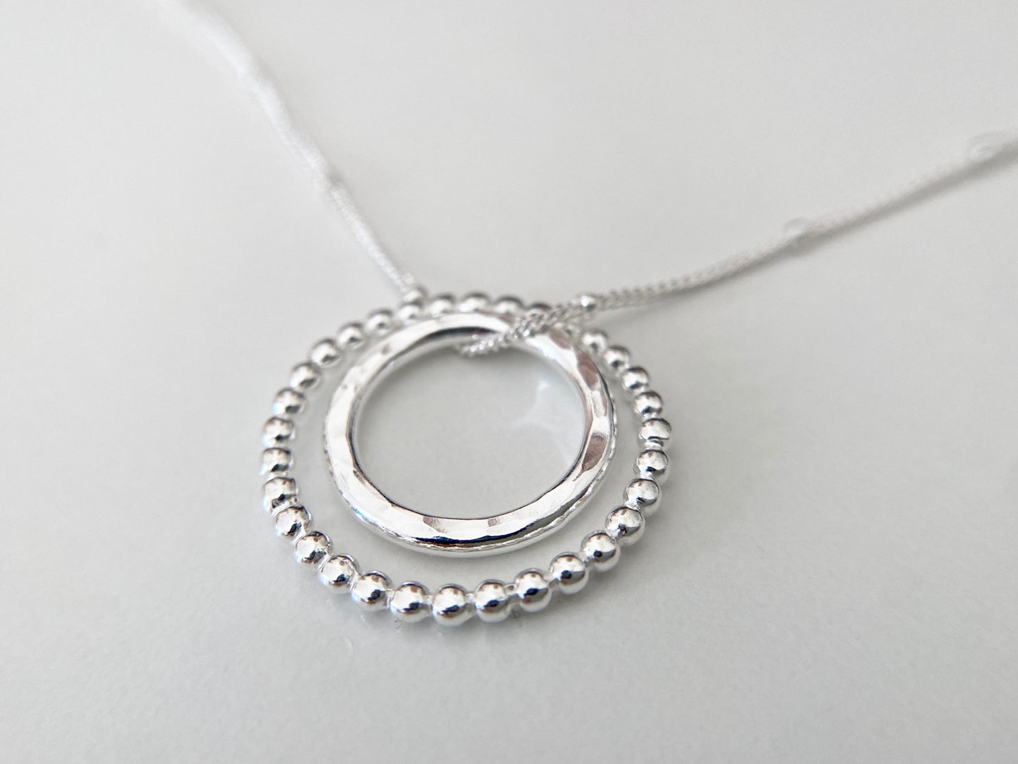 Sterling Silver Two Circles Necklace on Satellite Chain