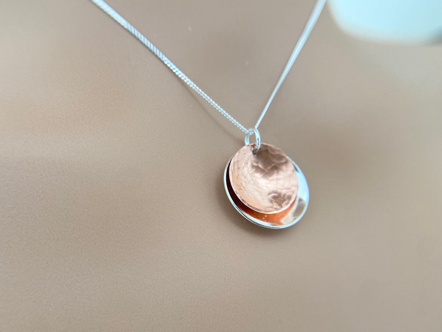 Sterling Silver and Copper Disc Pendant Necklace