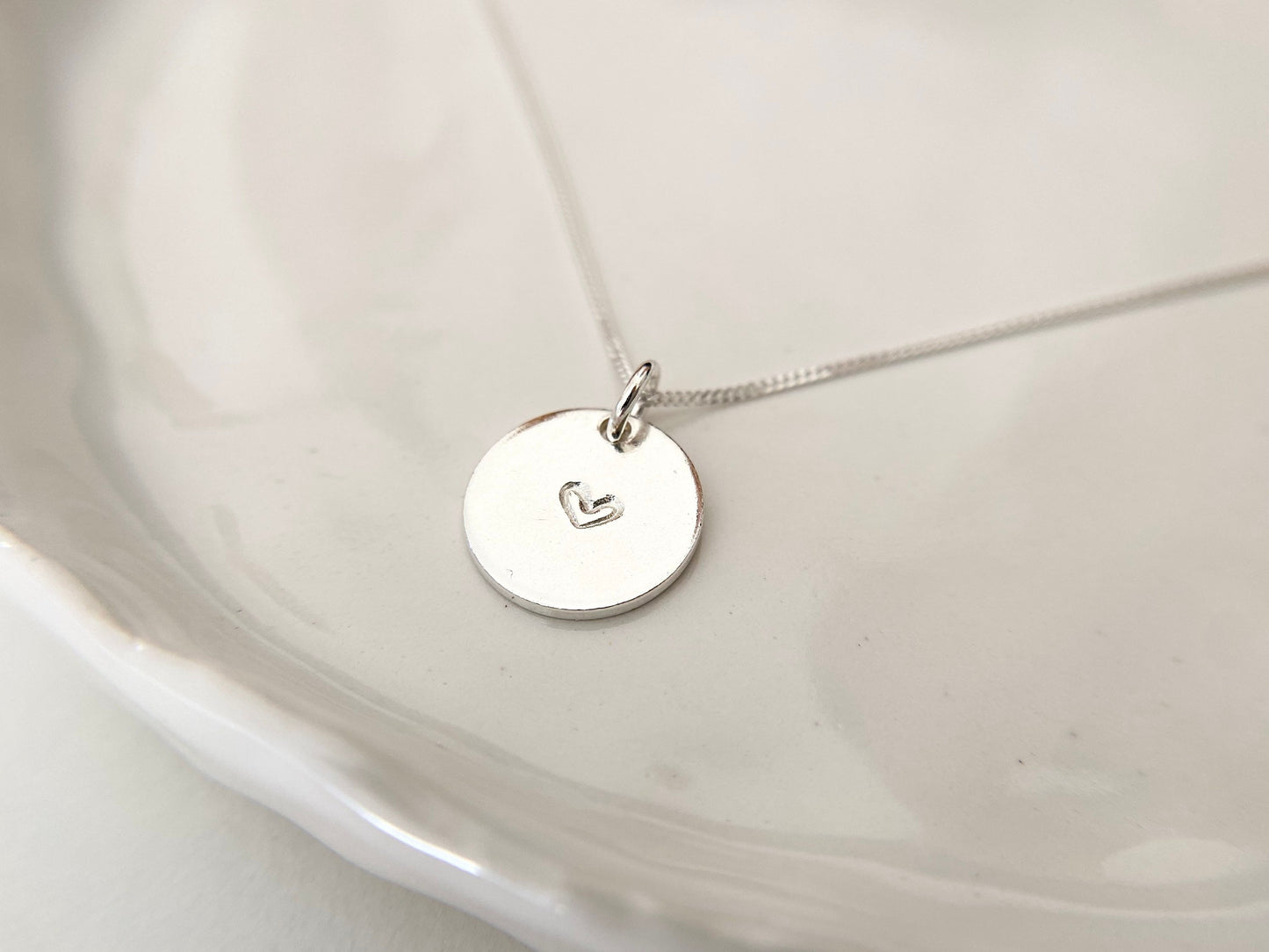 Sterling Silver Heart Stamped Disc Necklace