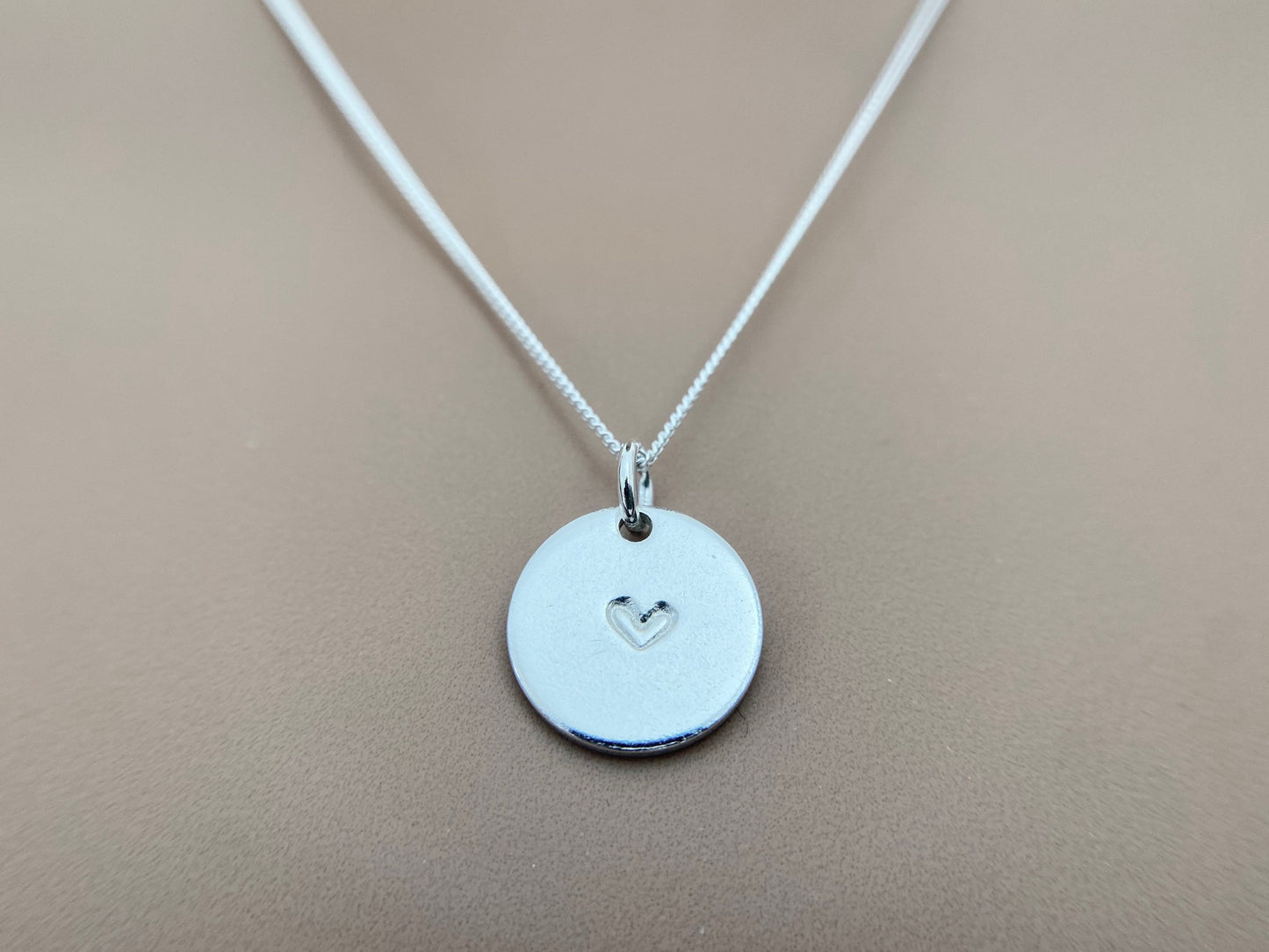 Sterling Silver Heart Stamped Disc Necklace