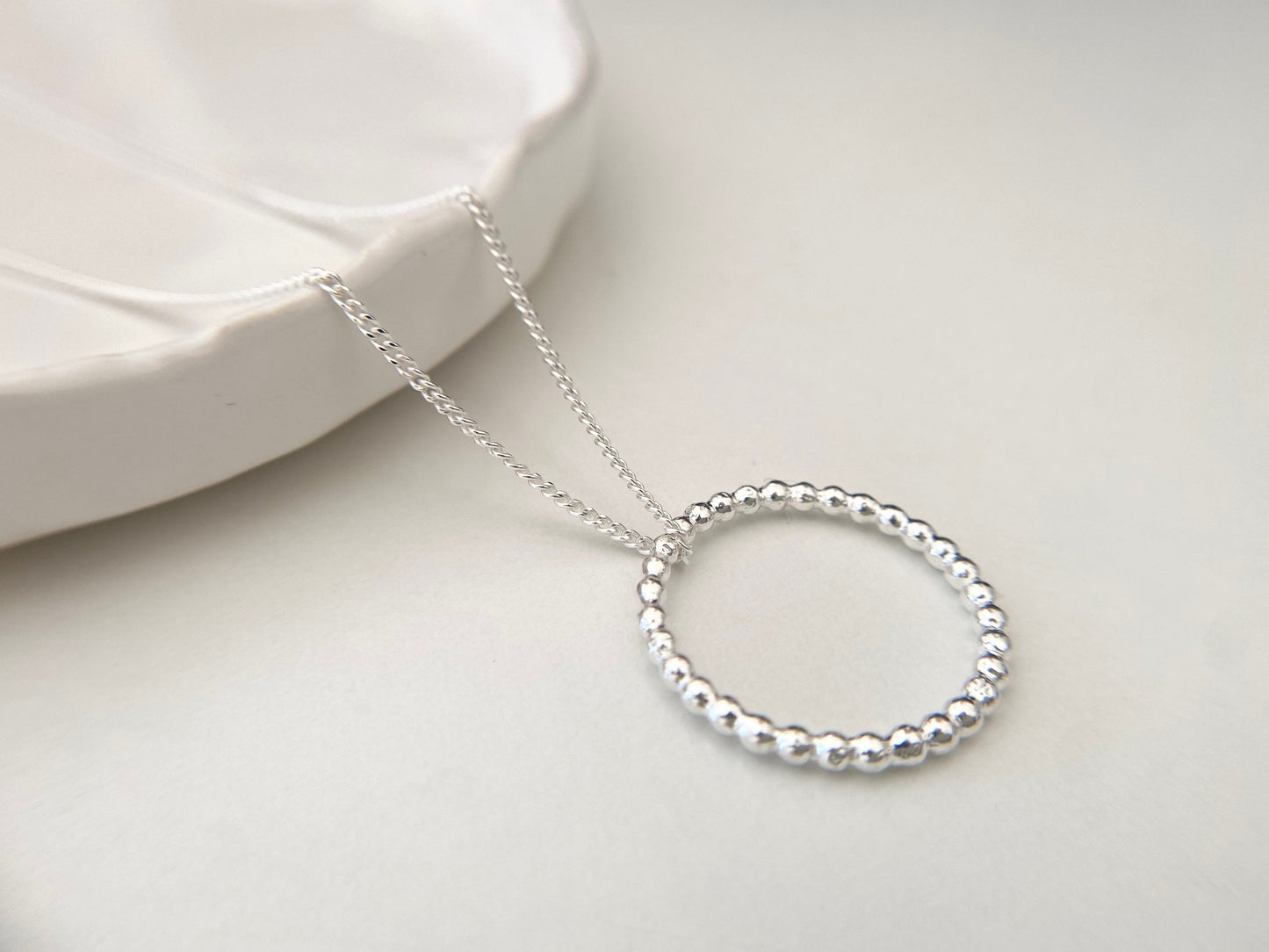 Long Length Sterling Silver Bead Effect Circle Necklace