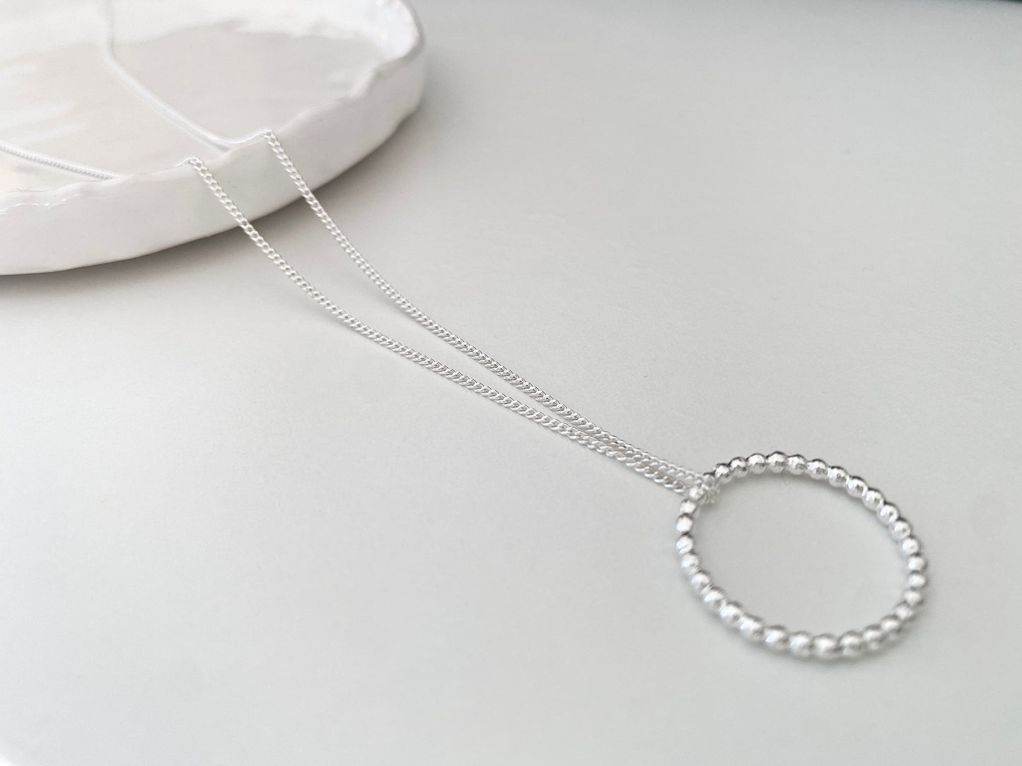 Long Length Sterling Silver Bead Effect Circle Necklace