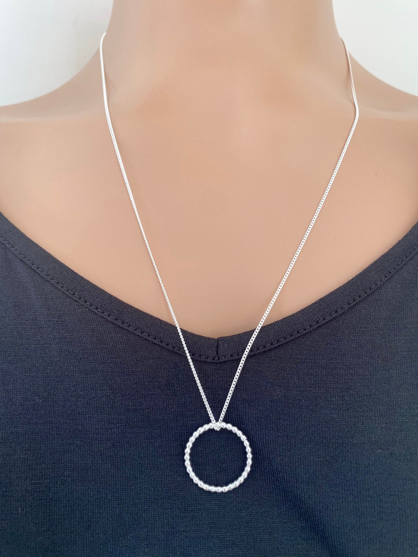 Long Length Sterling Silver Bead Effect Circle Necklace