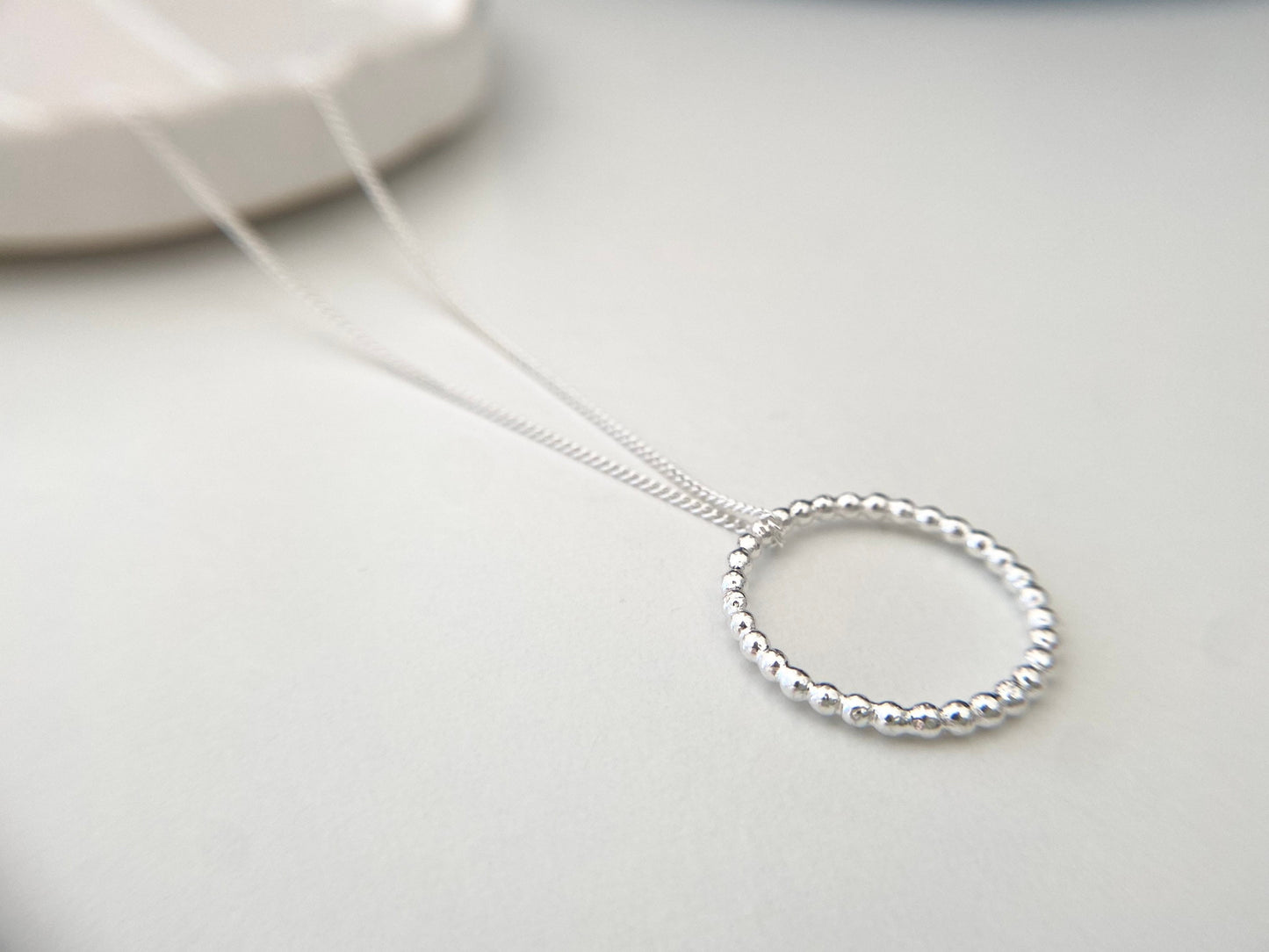 Long Length Sterling Silver Bead Effect Circle Necklace