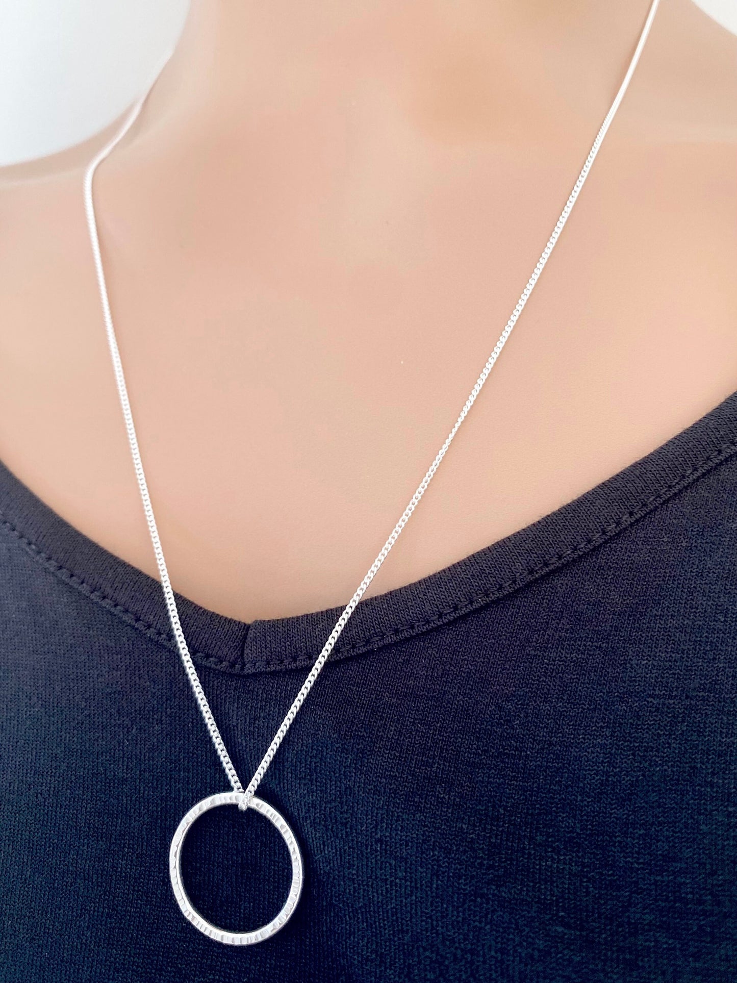 Silver Circle Necklace with Long Length Chain