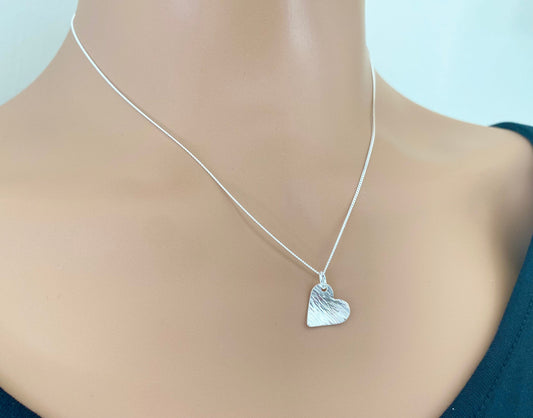 Sterling Silver Textured Curved Heart Necklace