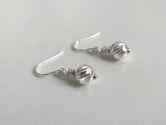 Tiny Sterling Silver Diamond Cut Bead Earrings