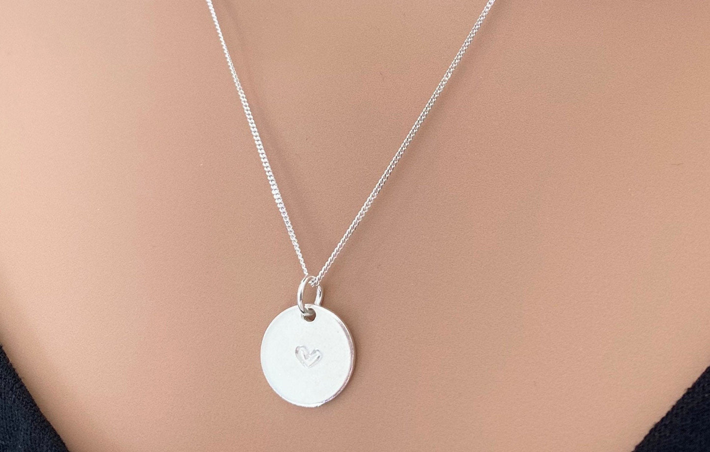 Sterling Silver Heart Stamped Disc Necklace