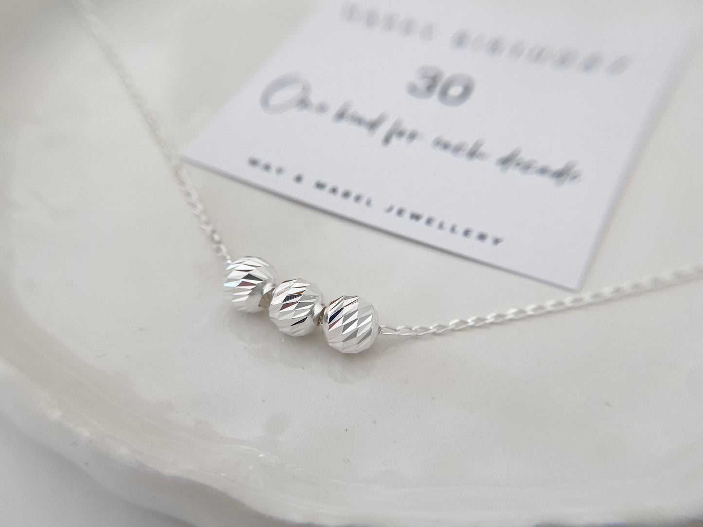 30th Birthday Sterling Silver Necklace with Diamond Cut Beads