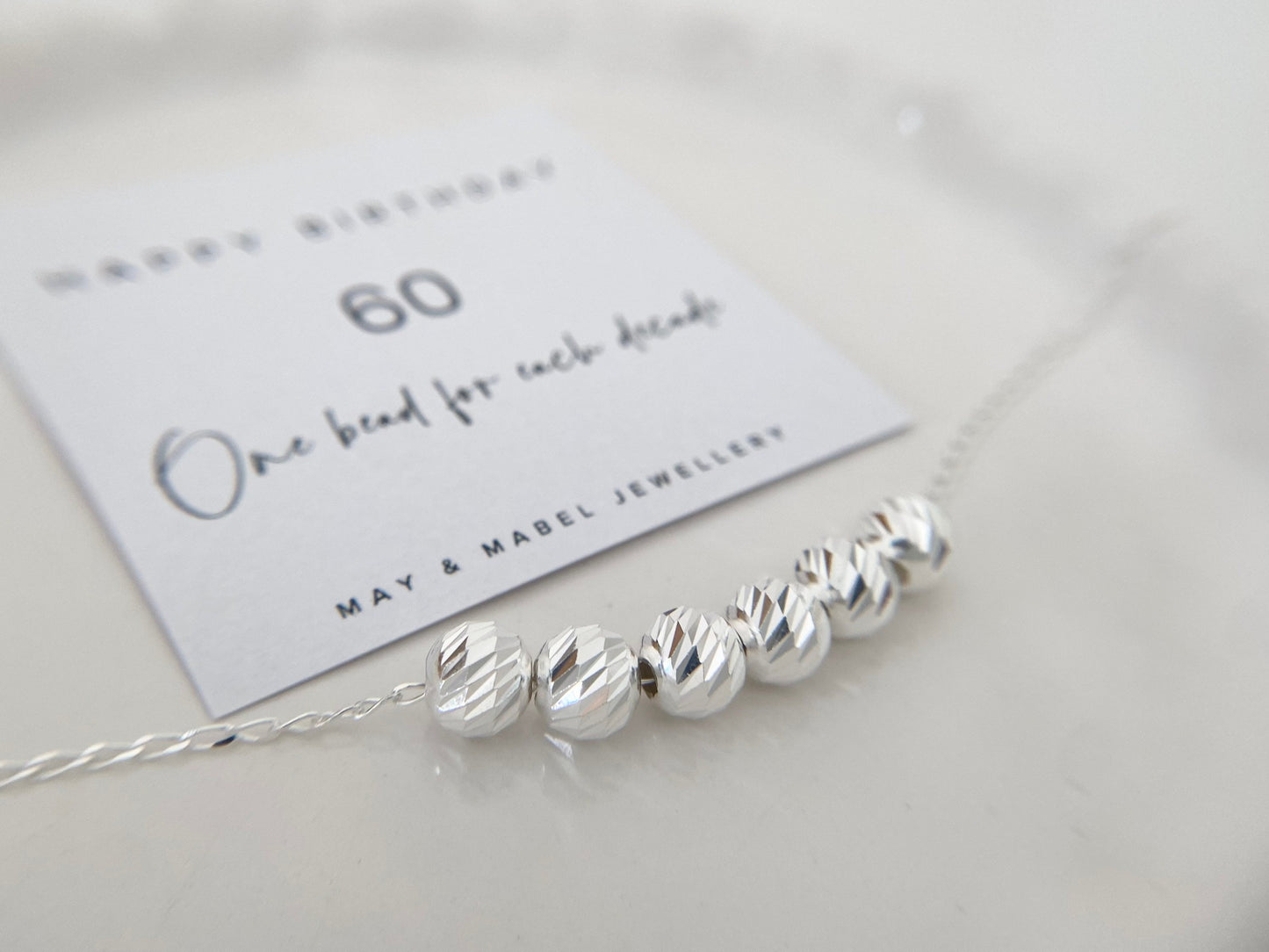 60th Birthday Sterling Silver Necklace with Diamond Cut Beads