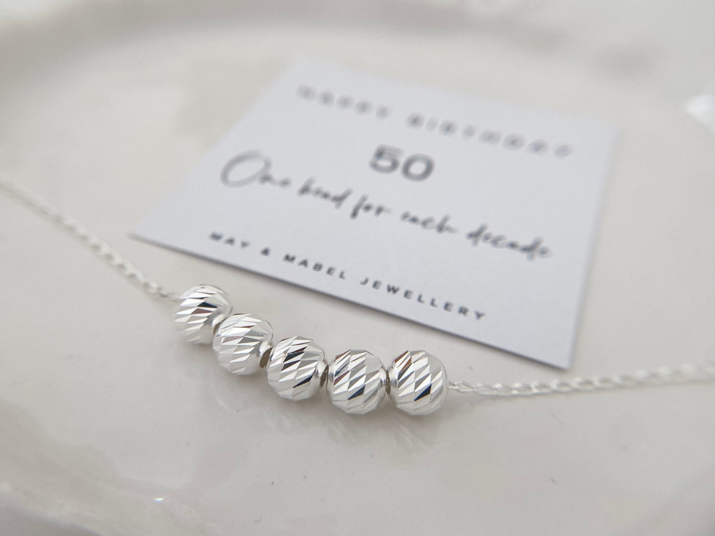 50th Birthday Sterling Silver Necklace with Diamond Cut Beads