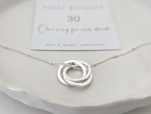 Silver 30th birthday three ring necklace