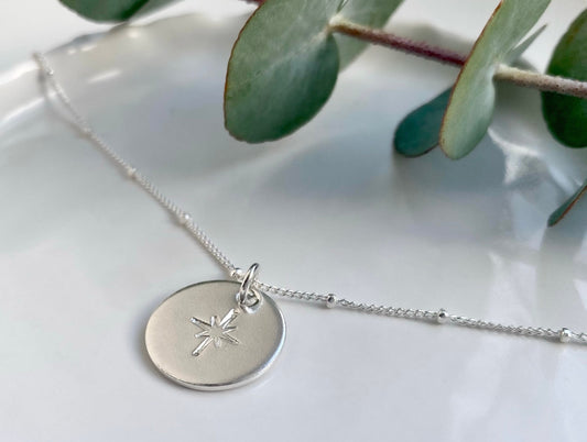 Silver North Star Disc Necklace with Satellite Chain